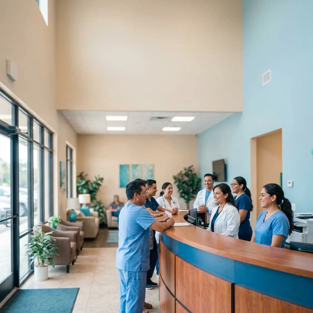 Equipo de Clínica Hispana Nueva Salud dando la bienvenida a sus pacientes en Houston