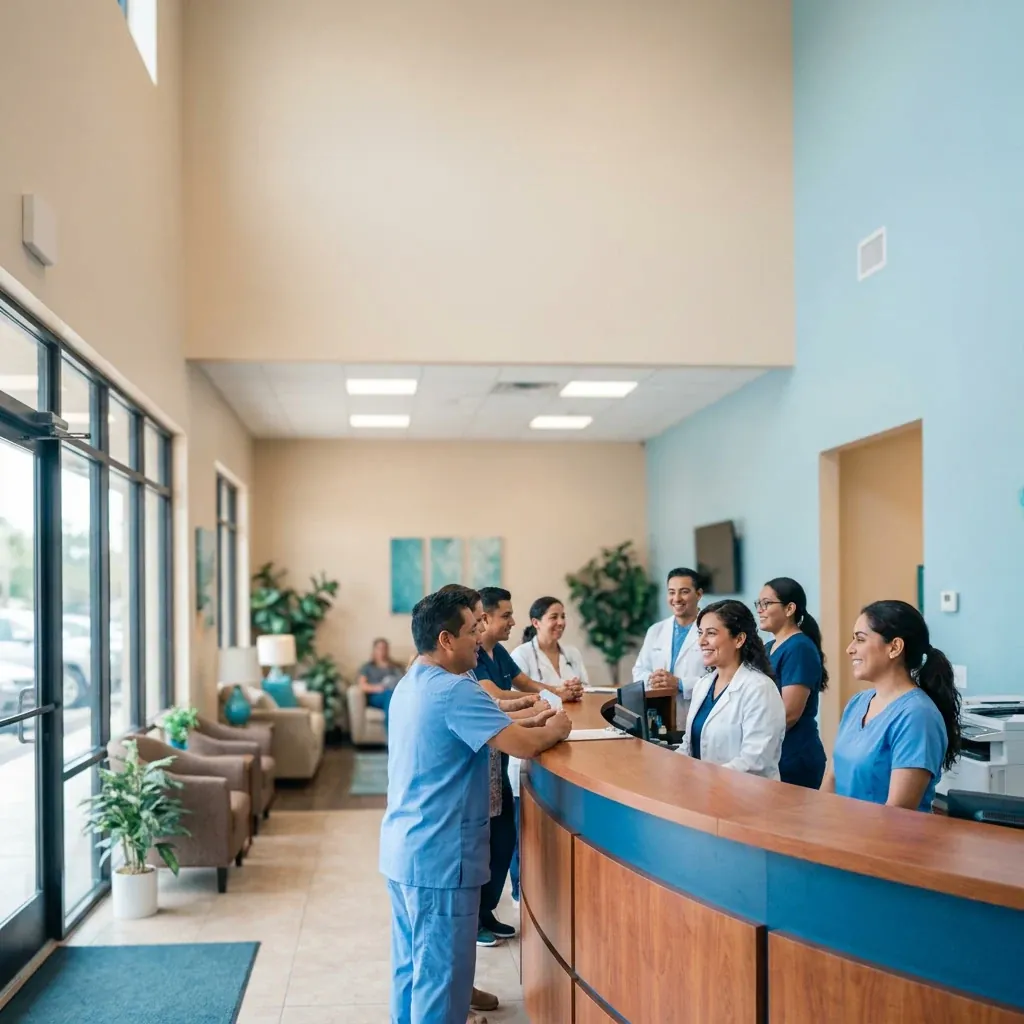 Equipo de Clínica Hispana Nueva Salud dando la bienvenida a sus pacientes en Houston