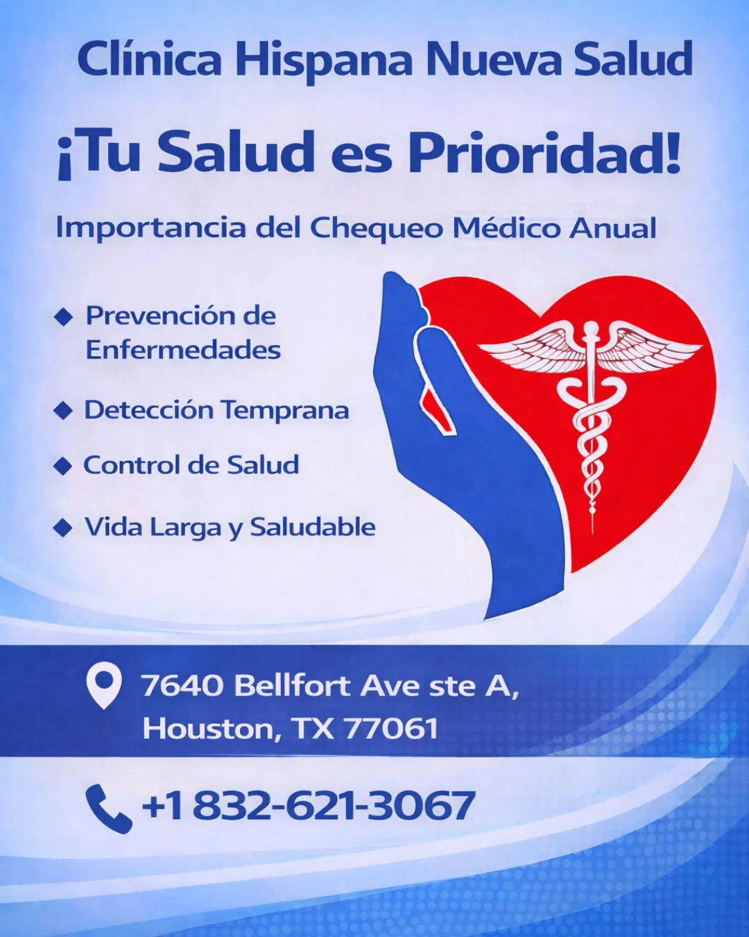 Flyer de la promoción Chequeo Médico Anual en Clínica Hispana Nueva Salud, Houston