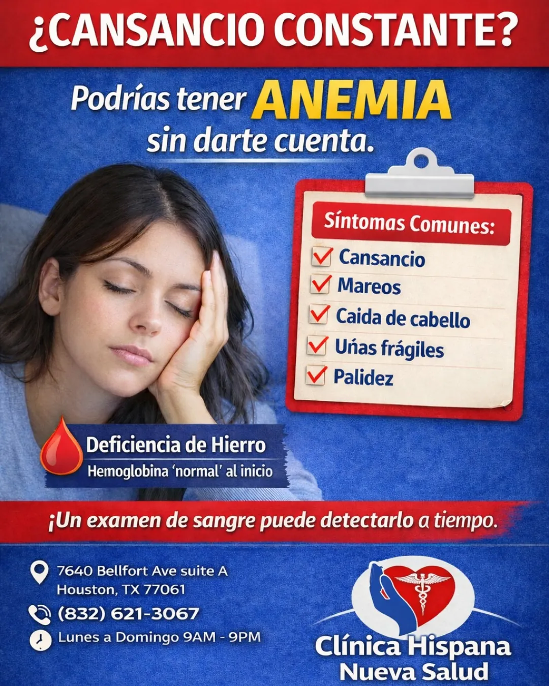Flyer de la promoción Detección de Anemia en Clínica Hispana Nueva Salud, Houston