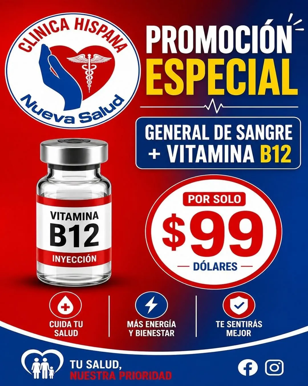 Flyer de la promoción General de Sangre más Vitamina B12 por $99 en Clínica Hispana Nueva Salud, Houston