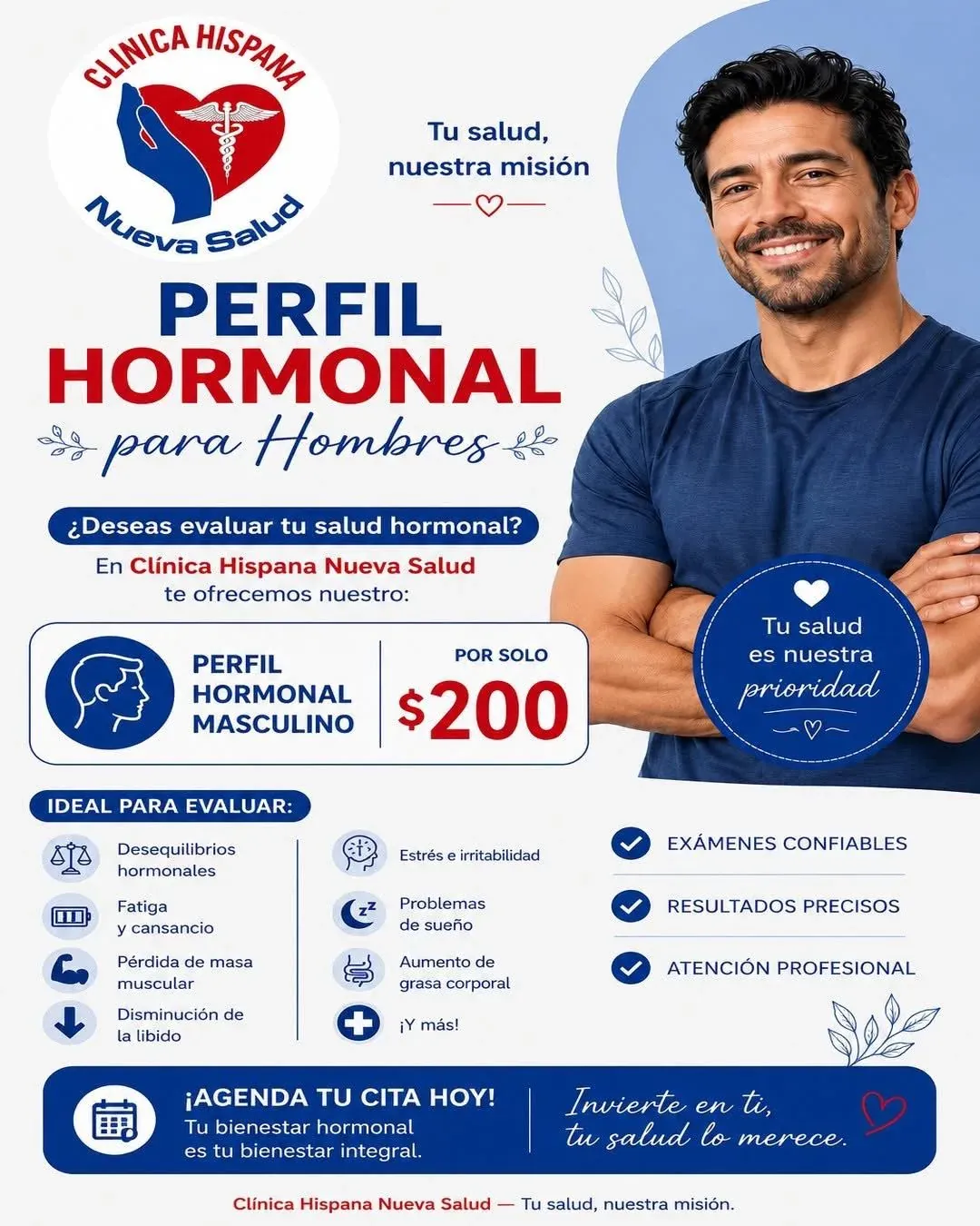 Flyer de la promoción Perfil Hormonal Masculino por $200 en Clínica Hispana Nueva Salud, Houston
