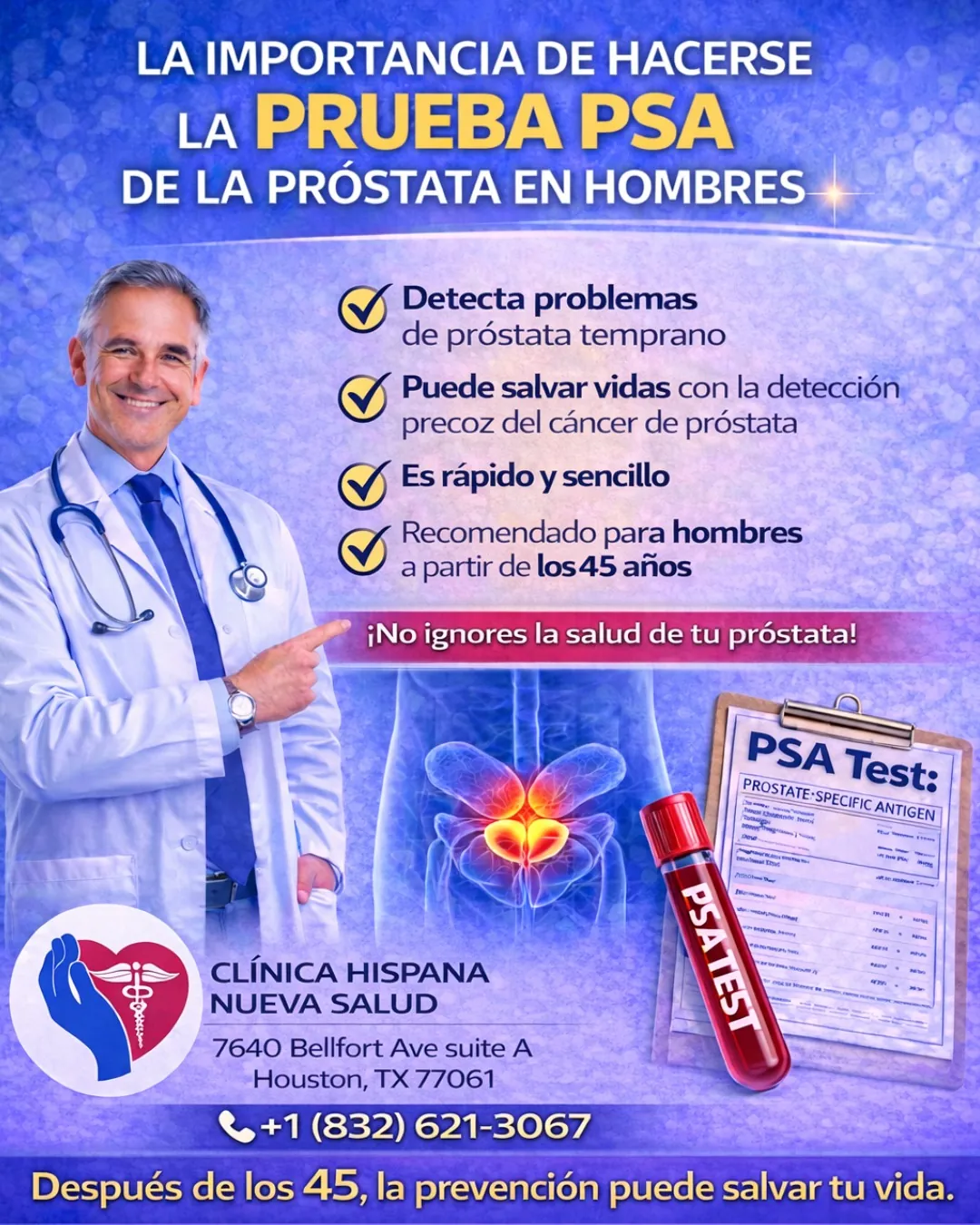Flyer de la promoción Prueba PSA de Próstata en Clínica Hispana Nueva Salud, Houston