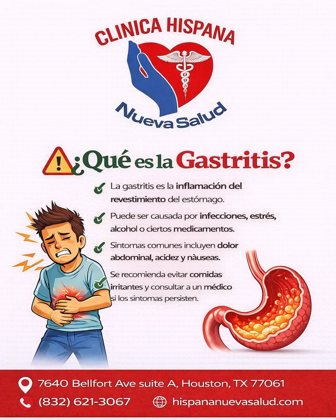 Flyer informativo sobre la gastritis en Clínica Hispana Nueva Salud, Houston