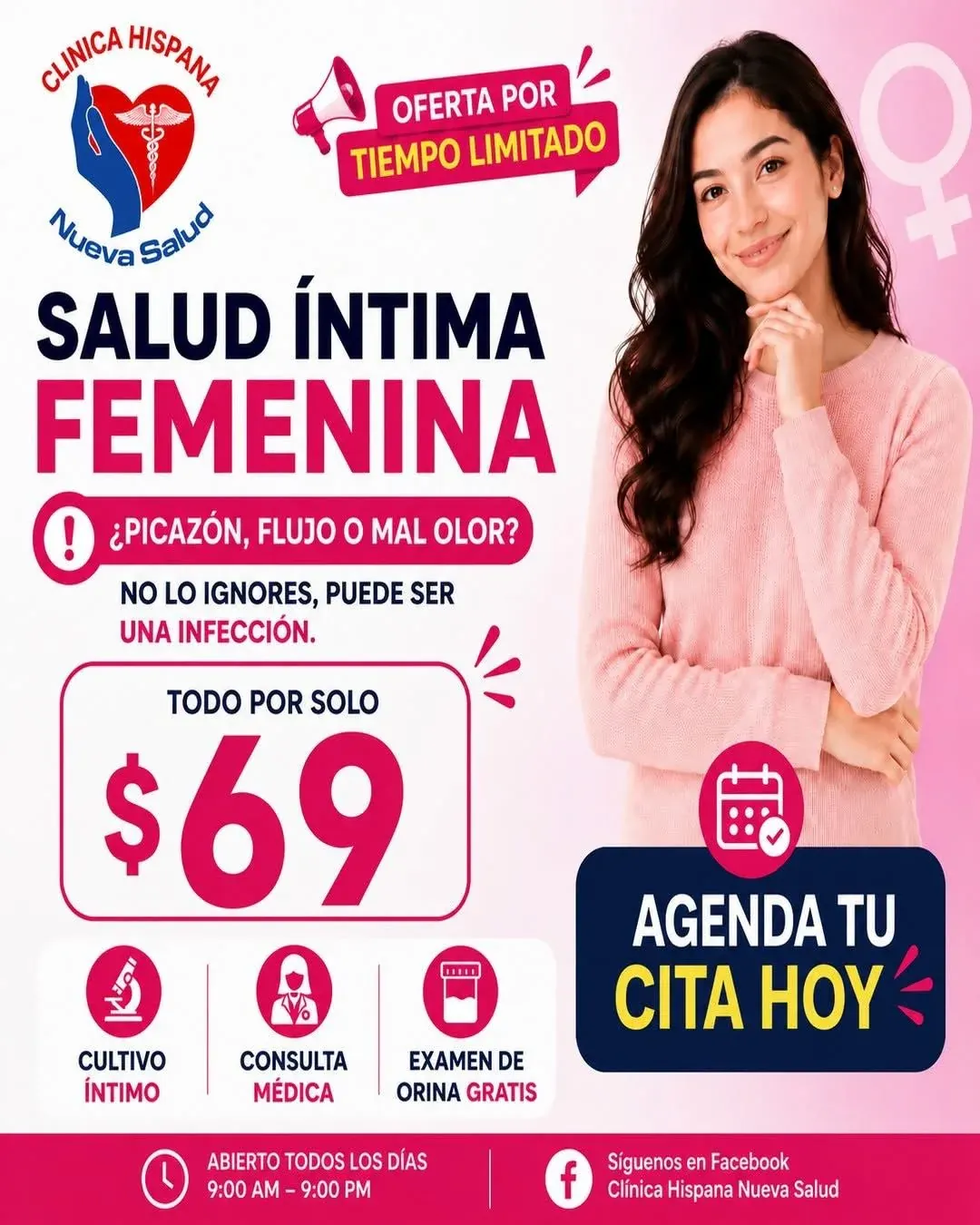 Flyer de la promoción Salud Íntima Femenina por $69 en Clínica Hispana Nueva Salud, Houston